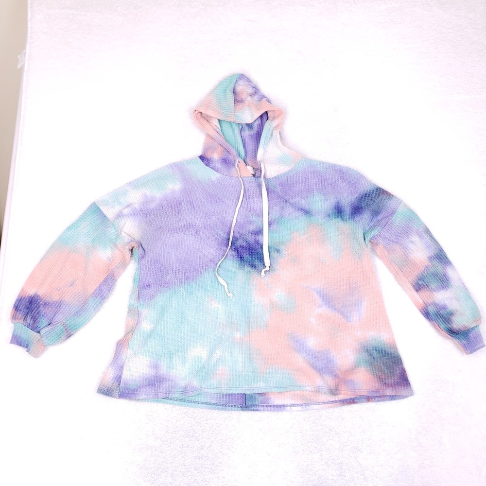 Pink Lily Tie Dye Waffle Knit Hoodie Small Pastel Cozy Casual Slouchy Oversized